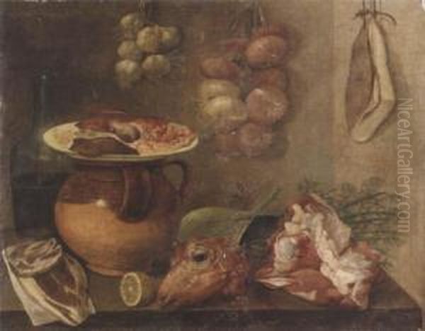 A Sheep's Head, Lemon, Bottle
And An Earthenware Jar Covered By A Dish With Animal Lights, With Fennel
On A Table Top, Onions, Garlic And A Ham Hanging On The Wall Beyond - view 1