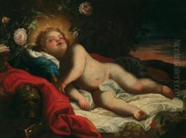 Gesu Bambino Dormiente Con 
Aureola E Corona Di Rose In Un Paesaggio A Distesa; Olio Su Tela - view 1