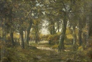 Waldlandschaft Bei Fontainebleau Mit Reisigsammlerin.