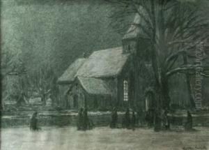La Sortie D'eglise En Hiver,fusain, Signe En Bas A Droite La Sortie D'eglise En Hiver,fusain, Signe En Bas A Droite