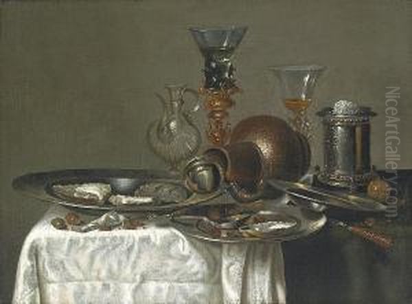 Oysters And Hazelnuts On Pewter
Plates With A Stoneware Jug, A Silver Brazier And Glasses On A Table
Draped With A White Cloth - view 1