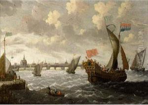 A States Yacht, A Kaag And Other Ships In A Stiff Breeze, A Town Beyond by Cornelis Mahu