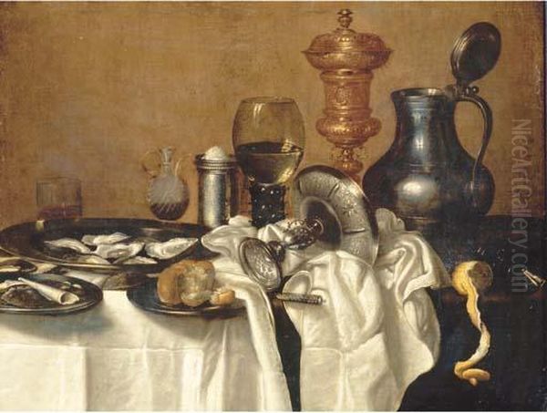 Oysters, A Bun And Smoking 
Utensils On Pewter Plates, With Anupturned Silver Tazza, A Knife, A 
Partly-peeled Lemon, An Upturnedberkemeier, A Silver Salt And A Giant 
Roemer On A Partly-drapedtable - view 1