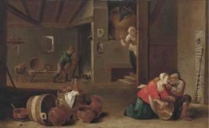 A Kitchen Interior With Peasants by Cornelis Mahu