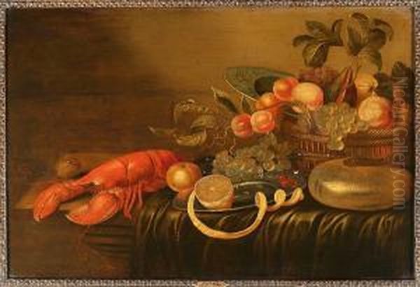 A Lobster, A Walnut, An Orange, A
Peeled Lemon On A Pewter Plate, Cherries, White Grapes With A Basket Of
Fruit, A Porcelain Dish And A Nautilus Shell On A Partially Draped
Table - view 1