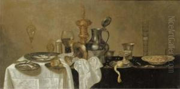 An Upturned Tazza, A Roemer, A
Facon-de-venise Glass, Oysters, A Bun, A Lemon, A Knife And A Tazza On
Pewter Plates, With A Porcelain Bowl On A Partly-draped Ledge - view 1