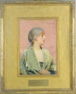 A Girl Wearing A Green Shawl by Albert Pierre Rene Maignan