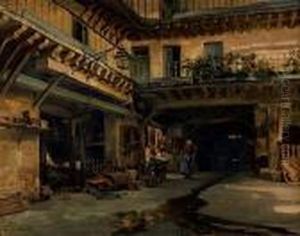 Vue D'une Cour Animee by Albert Pierre Rene Maignan