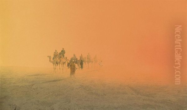 A Camel Train Emerging From The Desert - view 1