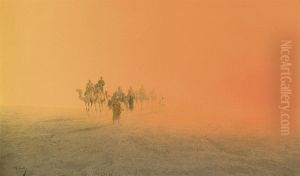 A Camel Train Emerging From The Desert