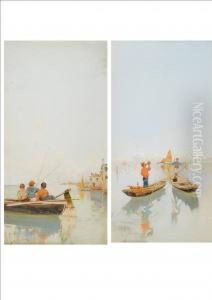 Venetian Lagoon With Three Small Boys In A Boat Fishing In The Foreground