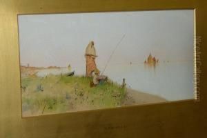 Angler On Shore Of A Venetian Island