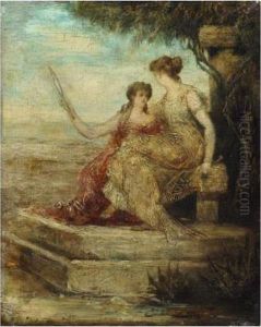 Deux Jeunes Femmes Au Miroir, Sur Un Banc by Hans Makart