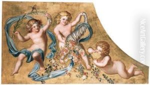 Cavorting Putti With Garlands Of Fruit And Flowers by Hans Makart