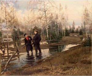 Hunters In A Forest Landscape by Aleksander Vladimirovich Makovskii