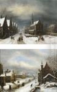 Rues D'une Ville Flamande Sous La Neige Animee De Personnages by Louis Claude Malbranche
