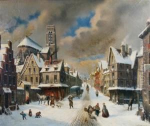 Winter Town Scene by Louis Claude Malbranche