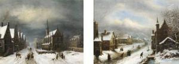 Rues D'une Ville Flamande Sous La Neige Animee De Personnages - view 1
