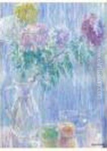 Bouquet De Chrysanthemes Dans Un Vase, Pommes Et Tasse De The by William Malherbe