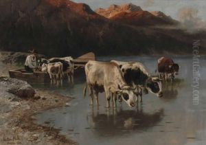 Huterjunge Mit Rindern Am Ufer Eines Gebirgssees by Christian Friedrich Mali