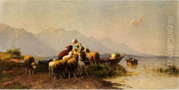 Junge Hirtin Im Kahn Am Ufer Einesoberbayerischen Bergsees (chiemsee) - view 1