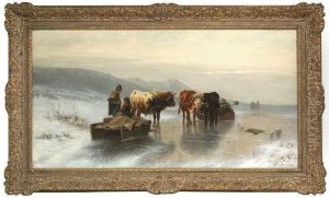 Wintry Landscape With Two Teams Of Oxens On A Frozen Lake by Christian Friedrich Mali