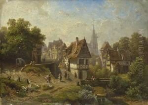 Partie In Einer Mittelalterlichen
 Stadt Mit Gotischer Kirche