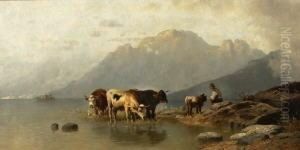 Hirte Mit Kuhen Am Ufer Eines
 Gebirgssees. by Christian Friedrich Mali