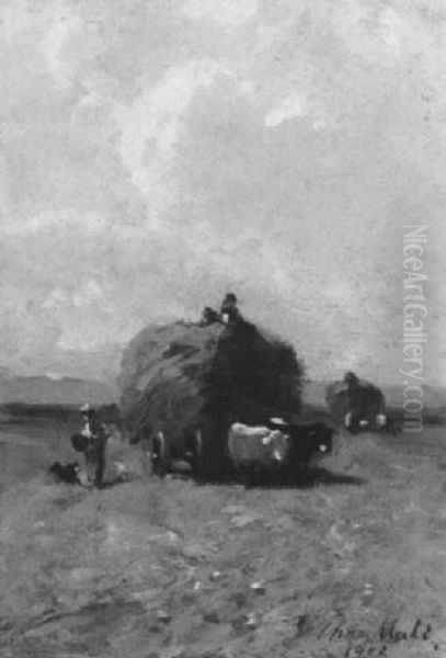 Voralpenlandschaft Mit Bauern Bei Der Heuernte - view 1