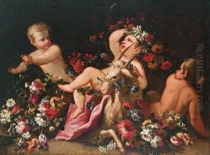 Natura Morta Di Fiori E Putti