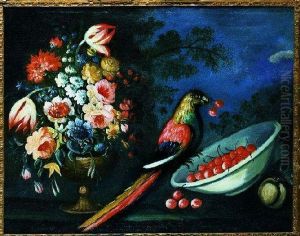 A Bouquet Of Summer Flowers, 
Including Peonies, Tulips And Otherflowers With A Parrot Picking Ripe 
Cherries From An Overturnedbowl, In A Landscape by Nicola Malinconico