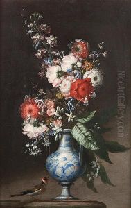 Chrysanthemums, Roses, Bluebells
And Other Flowers In A Blue And White Vase On A Stone Ledge With A
Greenfinch Nearby Chrysanthemums, Roses, Bluebells
And Other Flowers In A Blue And White Vase On A Stone Ledge With A
Greenfinch Nearby
