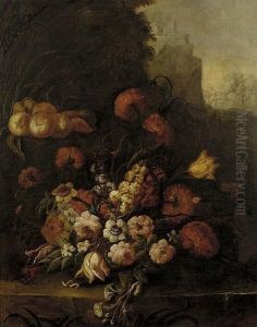 Roses, Tulips, Narcissi, 
Convolvulus And Other Flowers Beside Peaches On A Rocky Ledge, A 
Mountainous Landscape Beyond