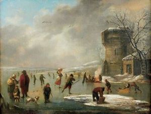 Paysans Et Patineurs Sur Une Riviere Gelee by Louis-Claude Mallebranche