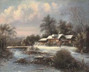 Skaters And Fishermen At A Bridge On A Frozen River