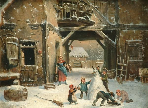 Children Building A Snowman - view 1