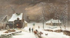 Abendliche Winterlandschaft Bei Einem Weiler.