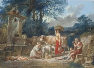 A Peasant Family And Their Animals By A Well In A Classical Landscape by Jean-Baptiste Mallet