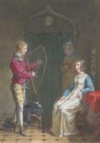 Un Jeune Homme Jouant De La
Harpe Devant Une Femme Et Une Servantedans Un Interieur Gothique - view 1