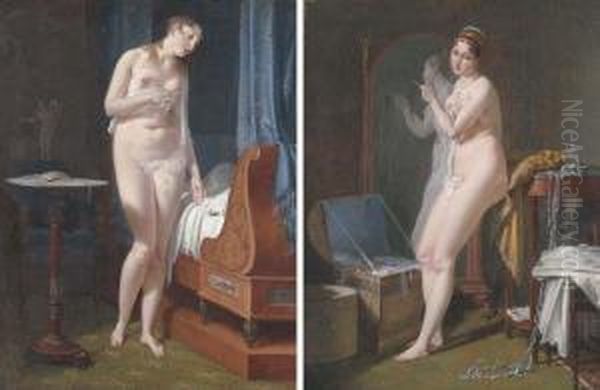 La Veille Du Mariage: A Nude
Woman Standing By A Bedridden Man; Andle Lendemain Du Mariage: A Nude
Woman Bedecked With Jewels Standingby A Mirror - view 1