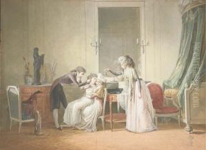 A Young Man Piercing The Ear Of A
 Young Girl Seated On The Knees Ofa Woman, Another Bringing An Earring by Jean-Baptiste Mallet