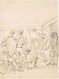A Group Of Men Around A Swimming Pool by Jean-Baptiste Mallet