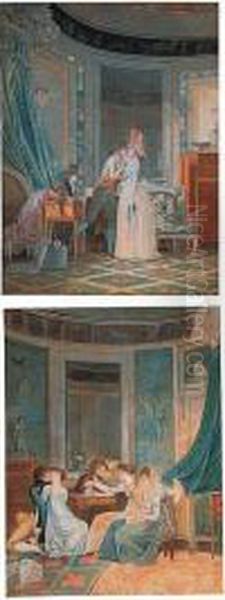 Elegant Interior With A Young 
Couple Embracing And Interior With Couples At A Table: A Pair Of 
Gouaches - view 1