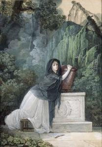 A Woman In Mourning Kneeling In Front Of A Monument Withcupid - view 1