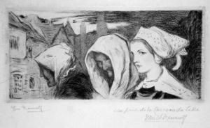 Les Trois Femmes En Coiffe Sur Fond De Vieilles Maisons A Quimper by Emile A. Malo-Renault