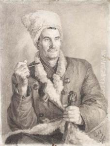 Portrait Of Man In A Shapka, With Pipe And Stick by Sergei Vasilievich Malyutin
