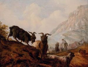 Peasants And Goats In A Mountainous Landscape by Jacobus Sibrandi Mancandan