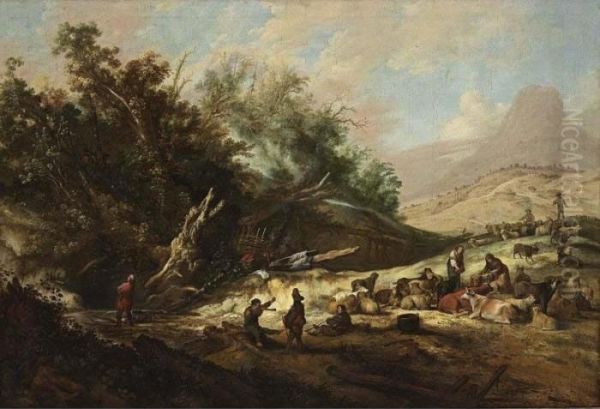 A Hilly Landscape With Shepherds And Their Herd Near A Stream - view 1