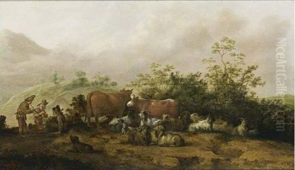 Shepherds Resting With Their Cattle, Goats And Dog In A Hilly Landscape - view 1