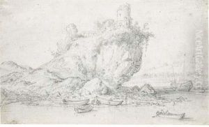 A Ruined Tower On A Rocky Cliff By The Sea by Jacobus Sibrandi Mancandan
